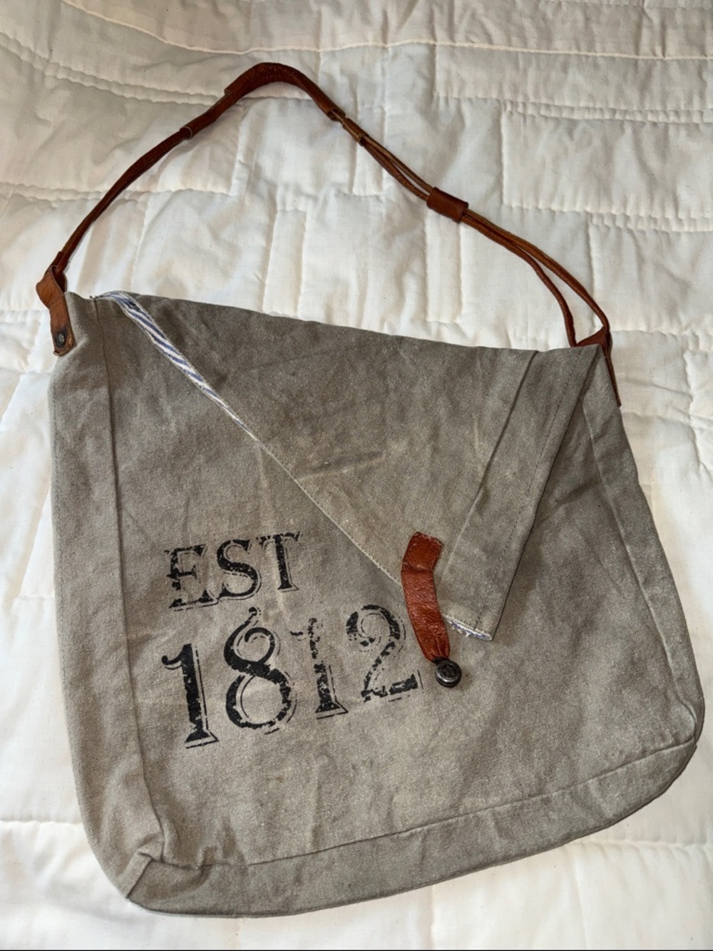 Canvas Shoulder Bag with Brown Leather Strap - Taupe